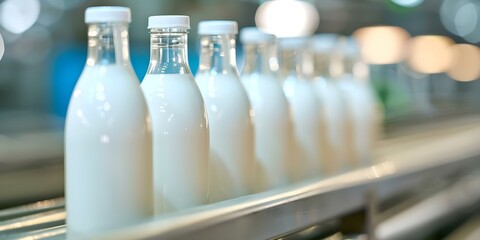 Wall Mural - Eco-Friendly Production Glass Milk Bottles Moving on Conveyor Belt in a Dry Factory. Concept Eco-Friendly Packaging, Glass Milk Bottles, Conveyor Belt, Dry Factory, Production Process