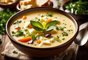 Wall Mural - delicious creamy soup bowl, texture, savory, broth, comforting, meal, appetizing, warm, tasty, recipe, flavorful, blend, aromatic, hearty, serving