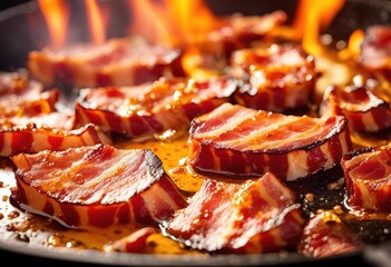 Wall Mural - sizzling bacon close hot pan grease crispy breakfast food cooking, bubbling, frying, skillet, oil, delicious, tasty, meal, pork, aroma, smoke, fat, strips, meat