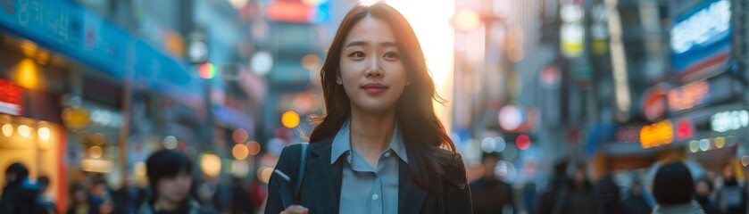 Wall Mural - An Asian woman is walking down a busy city street with a smile on her face