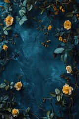 Poster - A vibrant scene featuring bright yellow flowers and leaves against a calm blue background, perfect for use in designs related to nature, spring, or optimism