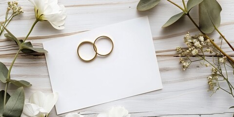 Wall Mural - A pair of gold wedding rings sit on top of a piece of paper, ready to be used in various contexts