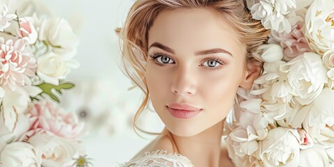 Wall Mural - realistic portrait - head shot of a beautiful bride on a white background with flowers