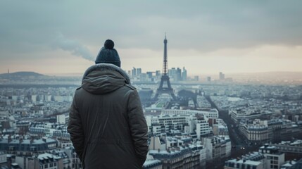 Sticker - Person standing on rooftop overlooking city, great view of urban landscape