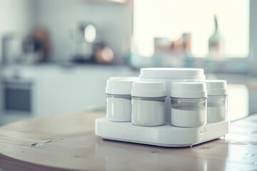 Wall Mural - A collection of jars stacked on a wooden table