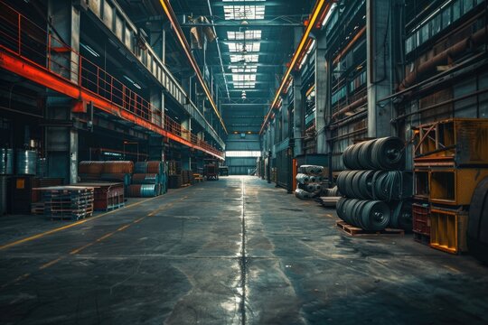 A large storage space filled with many metal pipes