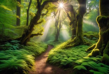 enchanting forest trail bathed dappled light filtering through leaves, nature, trees, foliage, sunlight, shadows, serene, peaceful, magical, green, outdoors,