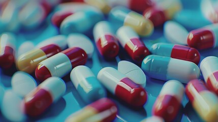 Wall Mural - A close-up view of various colorful capsules and pills on a blue background, showcasing different types of medication.