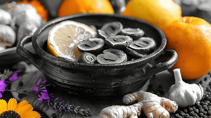 Wall Mural -   Black-and-white photo of lemon, orange, garlic, and ginger on table