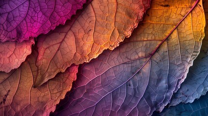 Wall Mural - A macro photograph of colorful autumn leaves with intricate veins and textures, offering a vibrant and seasonal background option