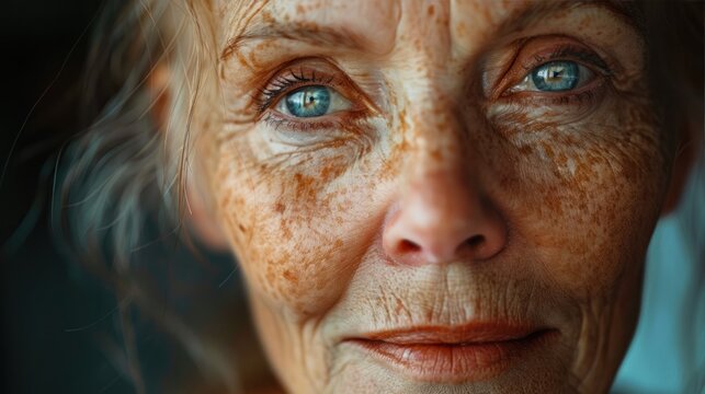 A close-up portrait of a woman in her 60s with gracefully aging skin, showcasing fine lines and a few age spots, reflecting wisdom and beauty