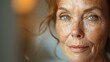 © Jang - A close-up portrait of a woman in her 60s with gracefully aging skin, showcasing fine lines and a few age spots, reflecting wisdom and beauty