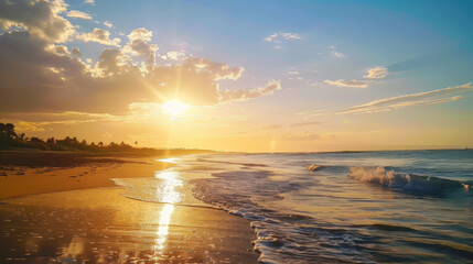 Wall Mural - Summer getaway by the beach. Enjoy the sun, sand, and sea during your vacation. Capture memories with a stunning photo of the beautiful sky and water.