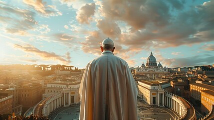 A man in a white robe stands in front of a large crowd of people. Generate AI image