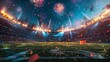 © Michael - An American football stadium at night with fireworks exploding in the sky and confetti falling onto the field