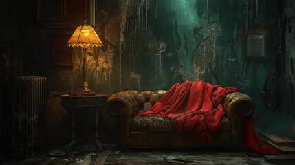 A red couch is covered in a red blanket and is surrounded by lamps. Generate AI image