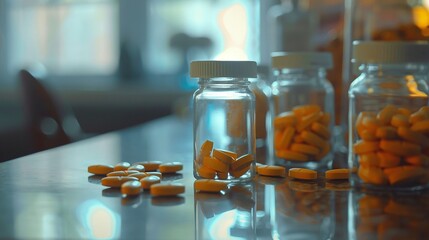 Wall Mural - Various medication bottles and loose pills on a reflective surface in a laboratory setting, representing pharmaceutical research and healthcare.