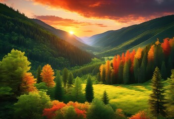 Wall Mural - vibrant sunset casting warm light over lush green forested valley landscape, trees, nature, scenic, beauty, sky, horizon, colorful, evening, dusk, silhouette,