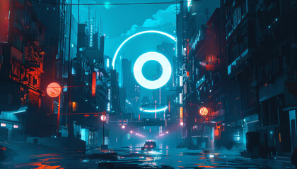Wall Mural - a cityscape with neon lights and a large circle in the middle by ai generated image