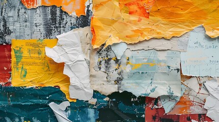 Wall Mural - An artistic textured background with layers of torn paper collage, showcasing a mix of textures, colors, and shapes for creative projects