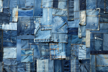 patchwork of various denim jeans stitched together, creating a textured mosaic. different shades of 