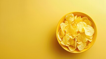 Wall Mural - Potato chips displayed in yellow bowl on matching background viewed from top with space for text