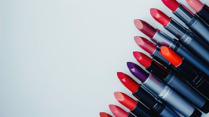 Sticker - Arrangement of colorful lipsticks on white background with copy space Professional makeup and beauty concept