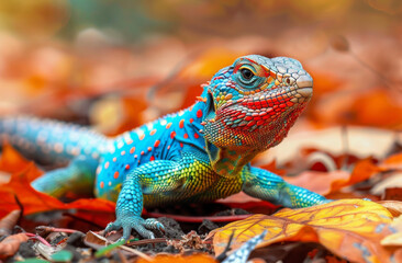 Wall Mural - A colorful lizard with blue, red and green scales on its back is sitting in the forest. The background has orange leaves and blurred foliage