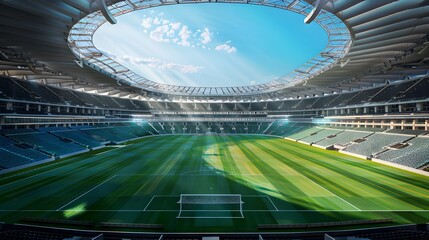 Wall Mural - A soccer field with a bright green grass. Football stadium arena for professional match with spotlight