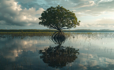 Wall Mural - A large tree is reflected in the water by AI generated image