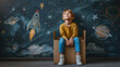 © BoOm - Happy child sitting in a cardboard box imagining space travel, with planets and stars drawn on the wall behind.