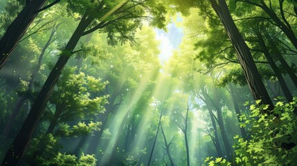 A forest with sunlight shining through the trees. Generate AI image