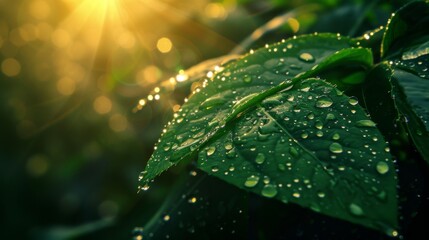 Poster - large dew drops on a green leaf, illuminated by the morning sun