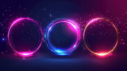 Wall Mural - glowing neon light rings with glittering stars on a dark background