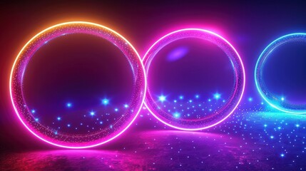 Wall Mural - Glowing neon light rings with glittering stars in a dark digital space