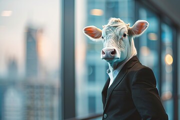 Wall Mural - Cute cow in black suit on blurred corporate office background