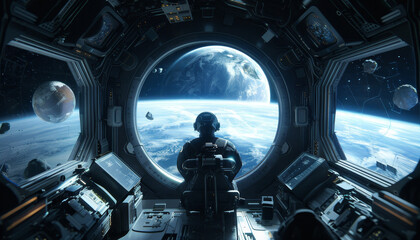 Wall Mural - a man is sitting in a spaceship cockpit looking out at the earth by ai generated image