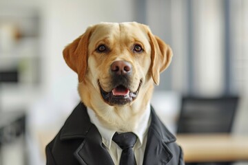 Wall Mural - Cute labrador dog in modern suit on blurred office background