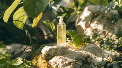 Fototapete - A glass bottle of liquid with a pump dispenser sits on a stone surrounded by lush green foliage. The bottle is partially obscured by the leaves and bathed in dappled sunlight.