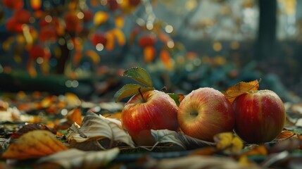 Poster - Apples fallen in garden with autumn background and focus