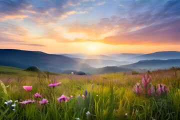 Wall Mural - A vast meadow stretches out before you, its emerald green blades of grass glistening with morning dew. 