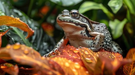 Wall Mural - A frog is sitting on a leaf that is covered in raindrops. Generate AI image