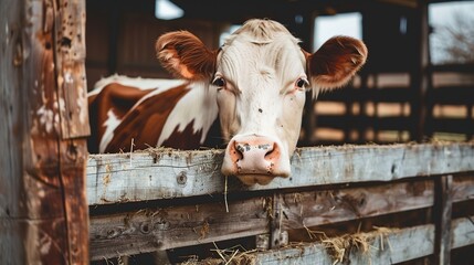 Wall Mural - Curious Cow Peeking Through Wooden Fence