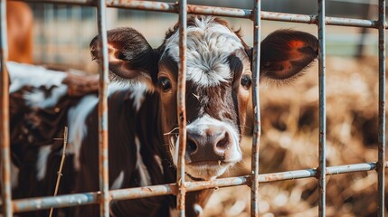 Wall Mural - Curious Calf Peeking Through a Fence