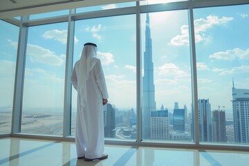 Back view of arabic man wearing traditional clothes standing near window in skyscraper building
