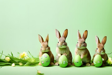 Wall Mural - A parade of adorable Easter bunnies hops across the scene, leaving a trail of cuteness. Ample space awaits your personalized Easter message on this charming background.