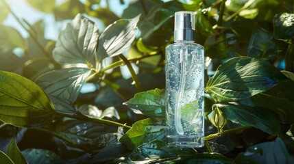 Wall Mural - A clear glass bottle with liquid sits amidst green leaves in a natural setting. Sunlight illuminates the scene.