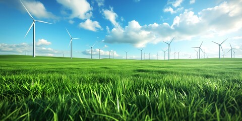 A vast, green grassy field is dotted with modern wind turbines under a bright blue sky filled with fluffy clouds, representing clean energy and environmental sustainability.