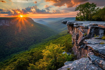 Wall Mural - Sunset view from Grayobbled Rock in the shenandoah national park, overlooking valley with colorful trees and distant mountains.