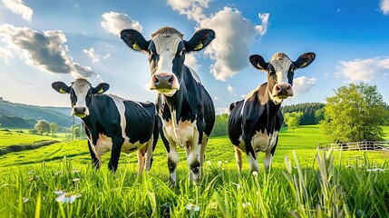 Wall Mural - Three Black and White Cows in a Lush Green Meadow